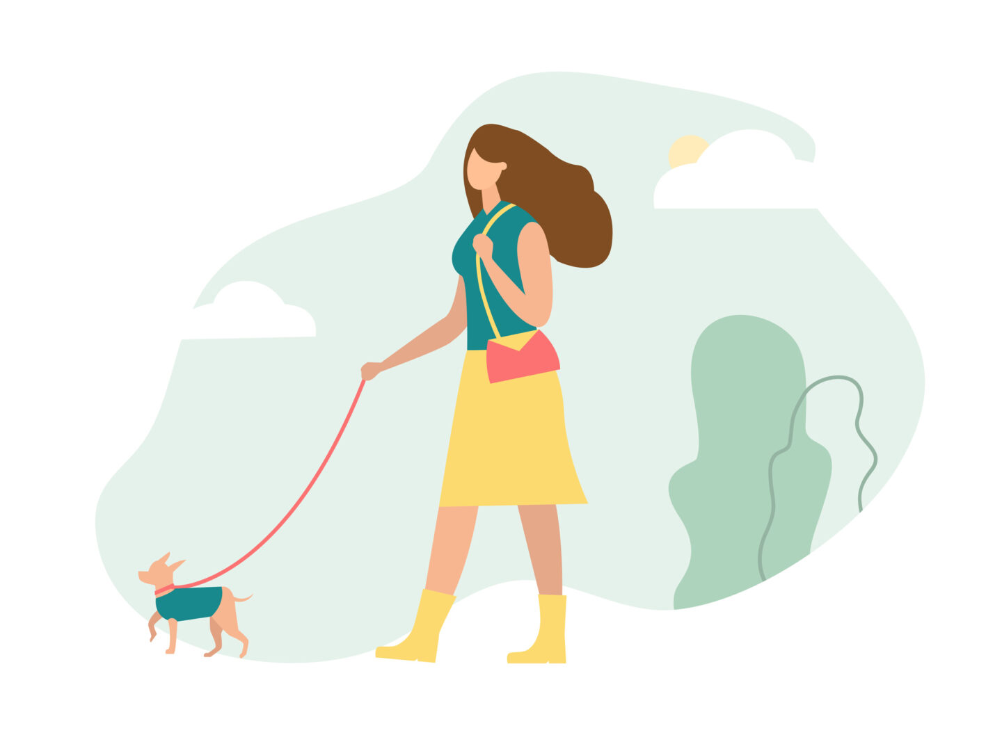 Illustration einer Frau im schicken Outfit beim Spaziergang mit einem Hund