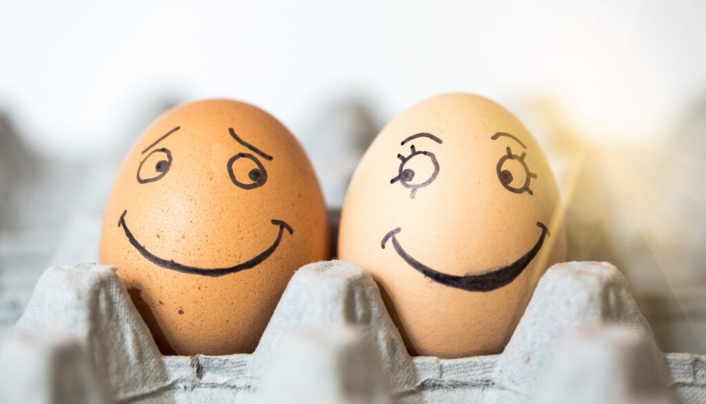 Eier mit lachendem Gesicht bemalt im Eierkarton